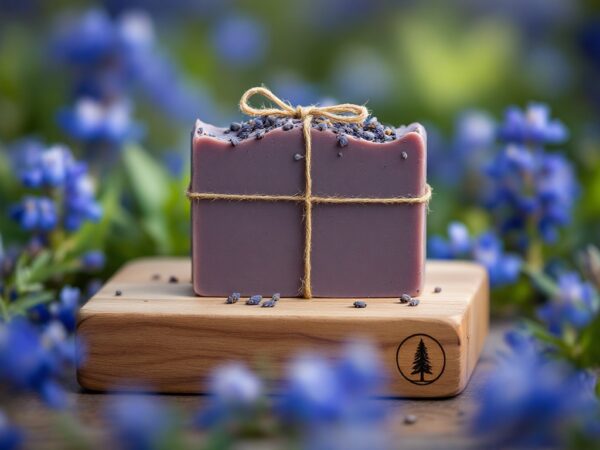 alt="Handcrafted deep purple lavender soap with dried lavender buds delicately scattered on top, tied with natural twine, displayed on wooden butcher block surface against soft-focused Texas bluebonnets"