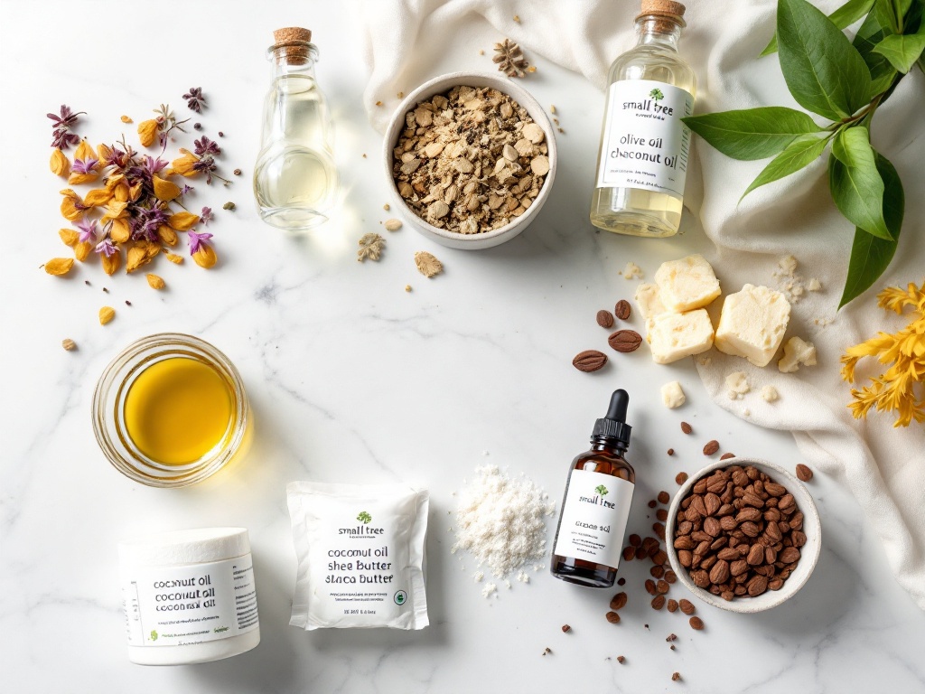 alt="Natural botanical ingredients arranged artistically on white marble surface, featuring olive oil, shea butter, coconut oil, and essential oils used in Blue Spruce Botanicals handcrafted soaps"